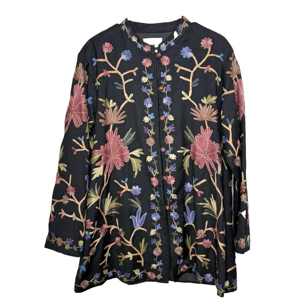 Coldwater Creek Size L Wool Jacket Floral Colorful Embroidered boho kimono